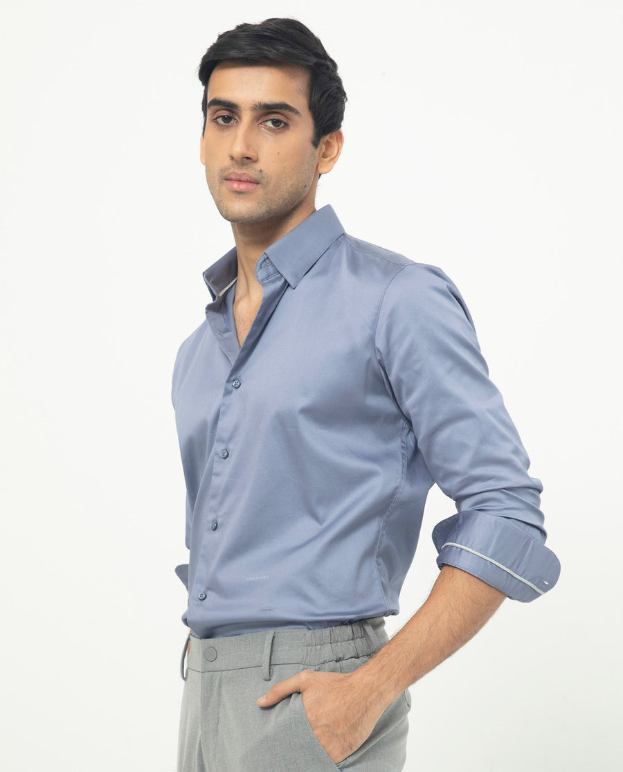 Rare Rabbit Men's Comor Blue Cotton Plain Regular Fit Full Sleeve Collared Shirt