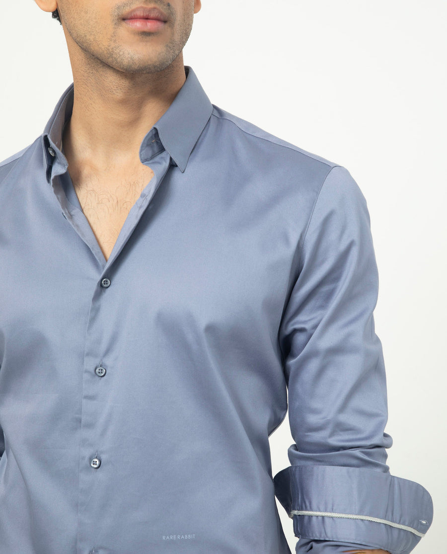 Rare Rabbit Men's Comor Blue Cotton Plain Regular Fit Full Sleeve Collared Shirt