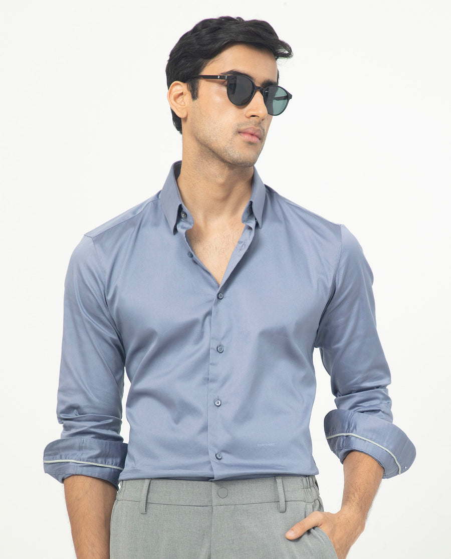 Rare Rabbit Men's Comor Blue Cotton Plain Regular Fit Full Sleeve Collared Shirt