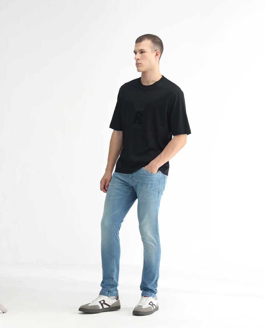 Rare Rabbit Men's Corsica Blue Cotton Plain Hawk Slim Fit Jeans