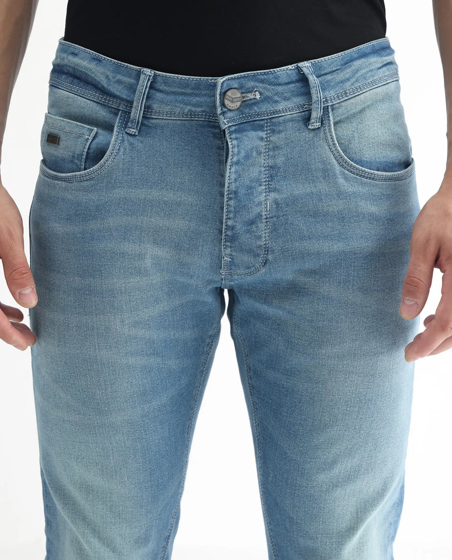 Rare Rabbit Men's Corsica Blue Cotton Plain Hawk Slim Fit Jeans