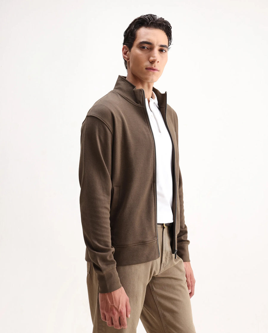Rare Rabbit Men's Costo-J-S26 Dark Beige Polyester Blend Fabric Full Sleeve High Neck Relaxed Fit Plain Sweatshirt