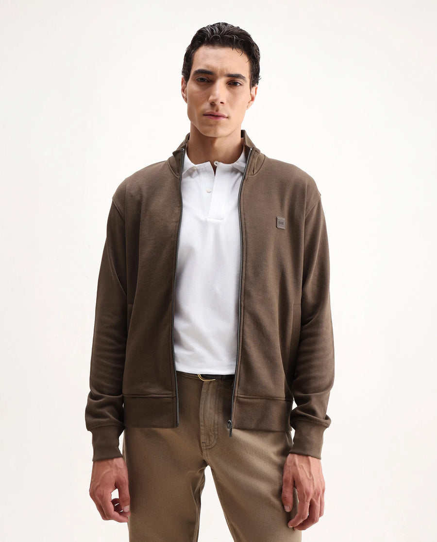 Rare Rabbit Men's Costo-J-S26 Dark Beige Polyester Blend Fabric Full Sleeve High Neck Relaxed Fit Plain Sweatshirt