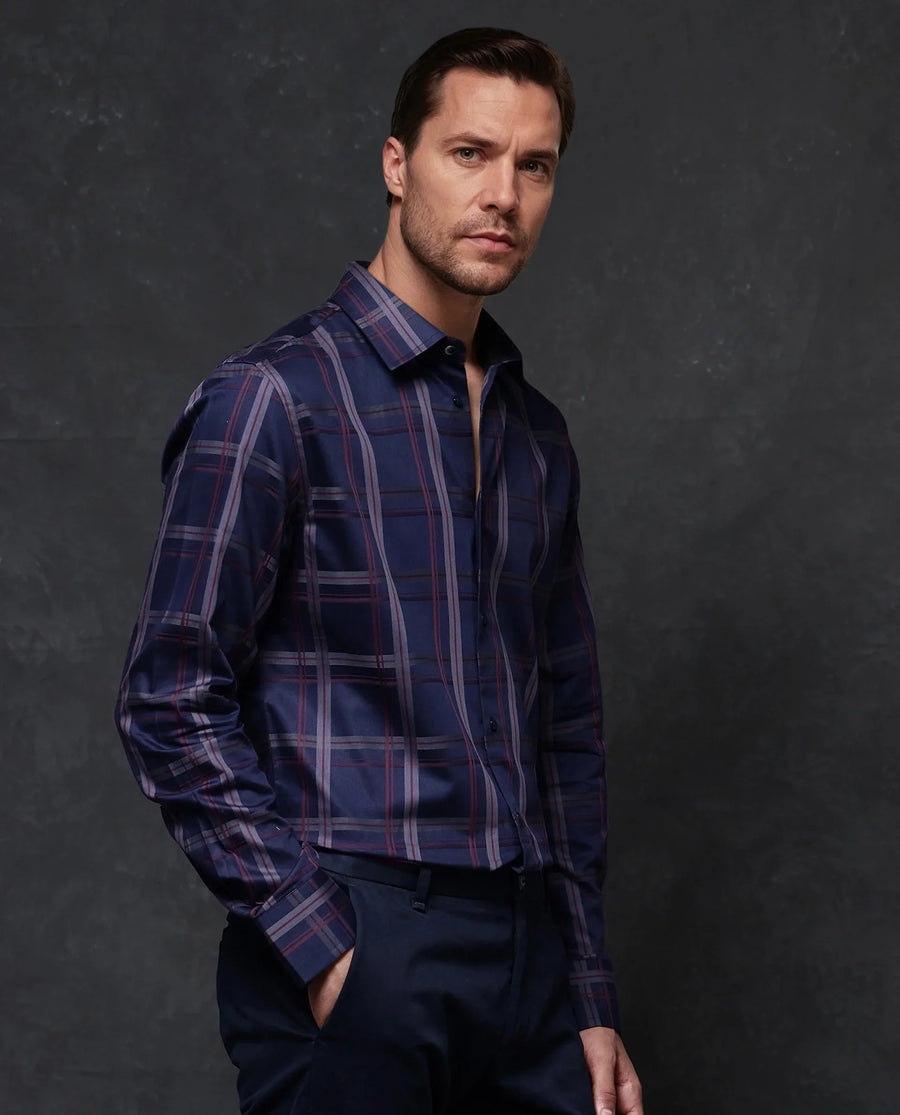Rare Rabbit Men's Cott Navy Cotton Checked Print Regular Fit Full Sleeve Collared Shirt