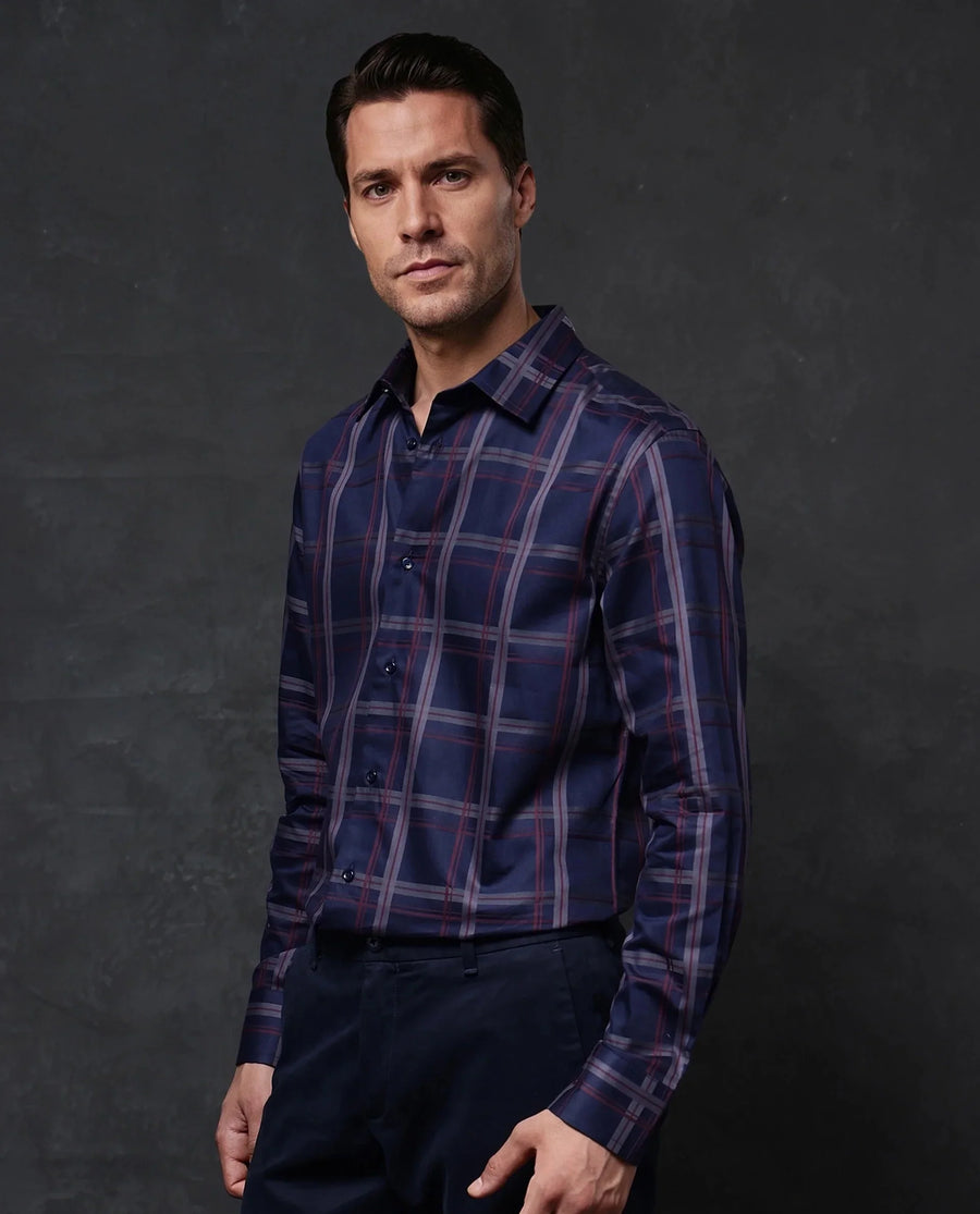 Rare Rabbit Men's Cott Navy Cotton Checked Print Regular Fit Full Sleeve Collared Shirt