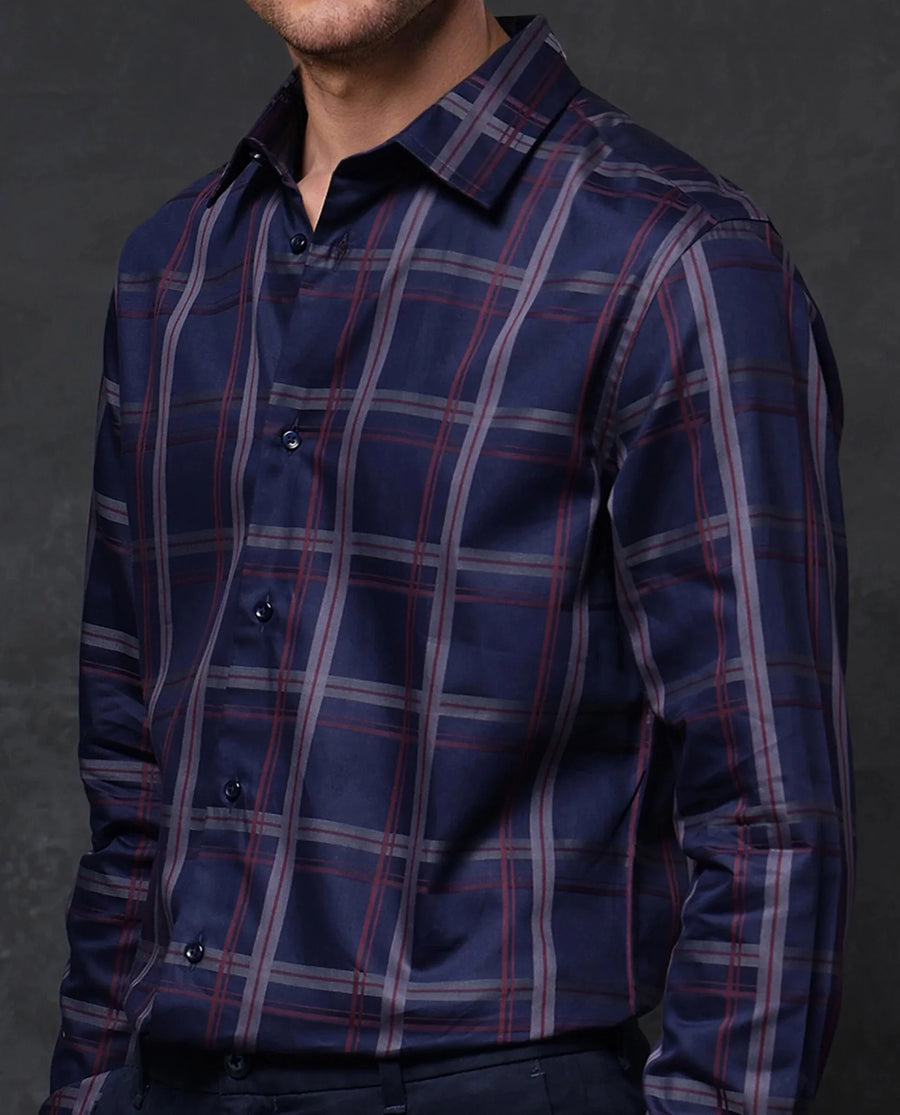 Rare Rabbit Men's Cott Navy Cotton Checked Print Regular Fit Full Sleeve Collared Shirt