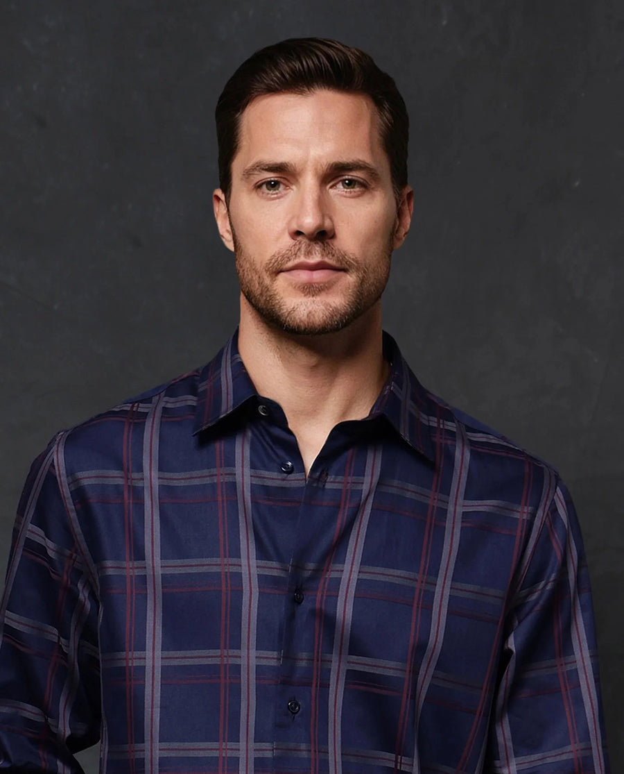 Rare Rabbit Men's Cott Navy Cotton Checked Print Regular Fit Full Sleeve Collared Shirt