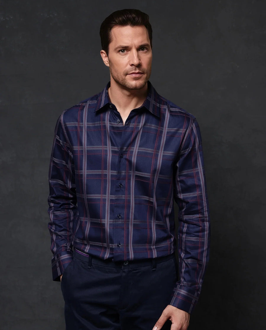 Rare Rabbit Men's Cott Navy Cotton Checked Print Regular Fit Full Sleeve Collared Shirt