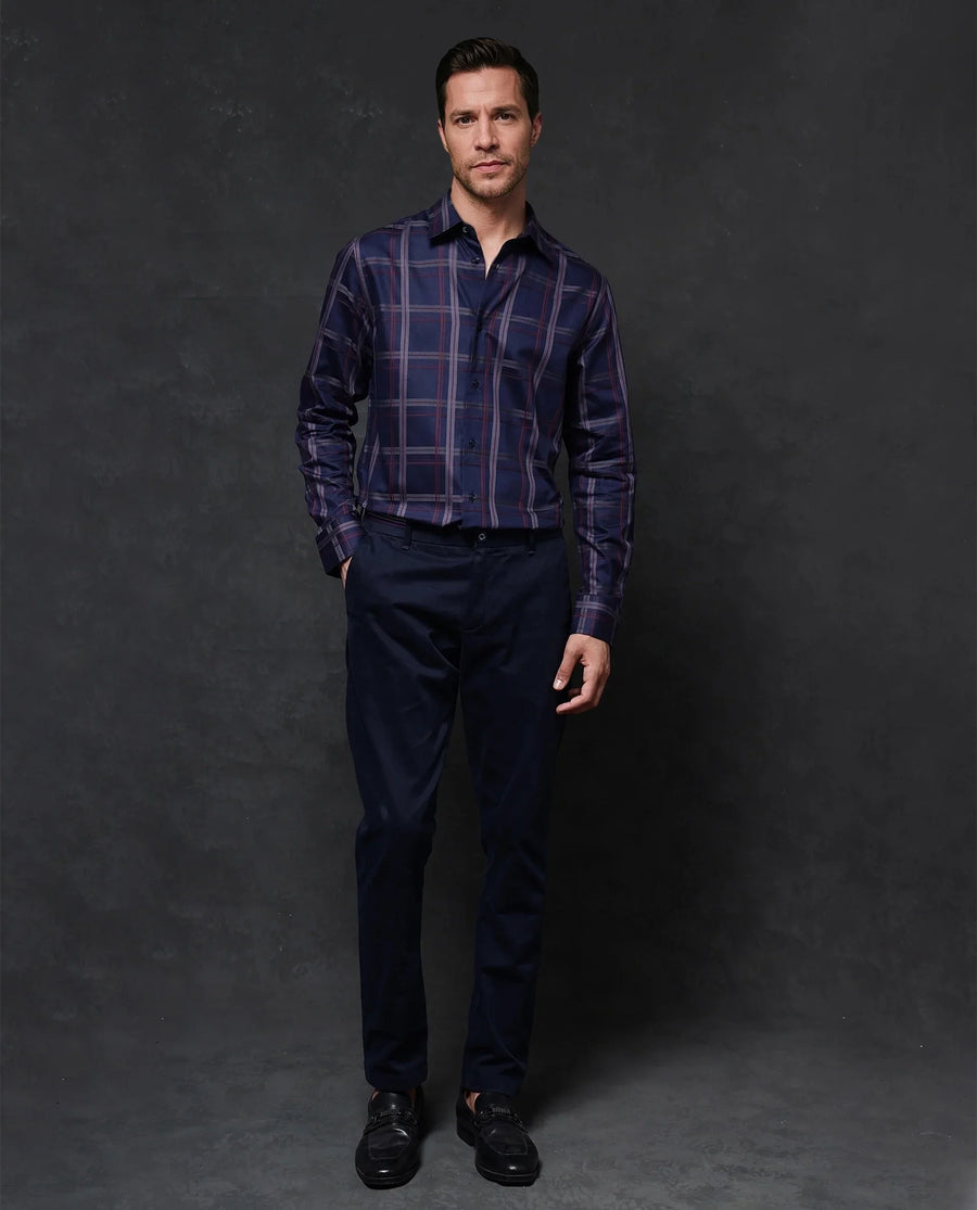 Rare Rabbit Men's Cott Navy Cotton Checked Print Regular Fit Full Sleeve Collared Shirt