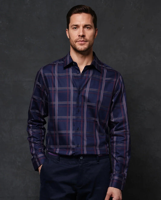 Rare Rabbit Men's Cott Navy Cotton Checked Print Regular Fit Full Sleeve Collared Shirt