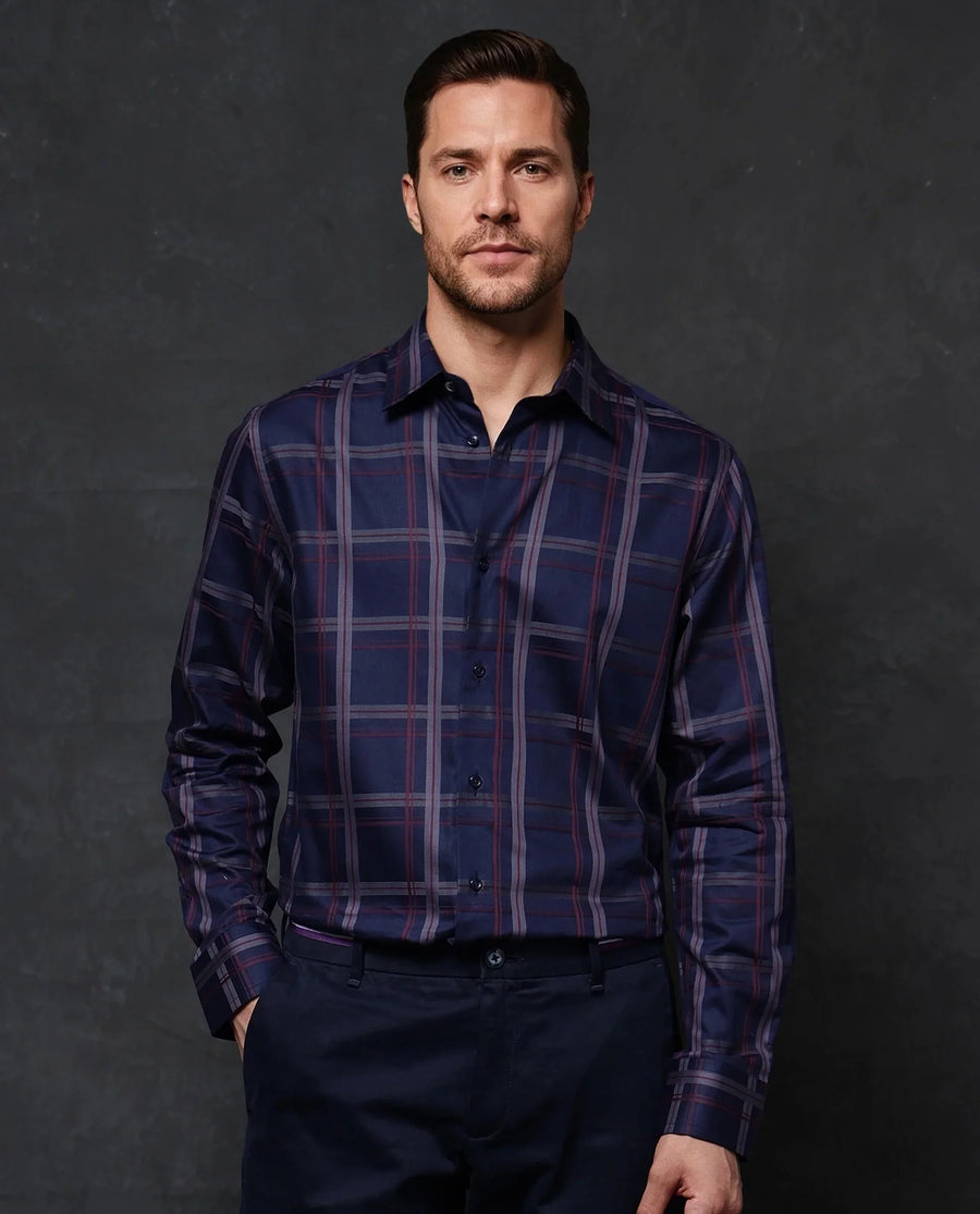 Rare Rabbit Men's Cott Navy Cotton Checked Print Regular Fit Full Sleeve Collared Shirt