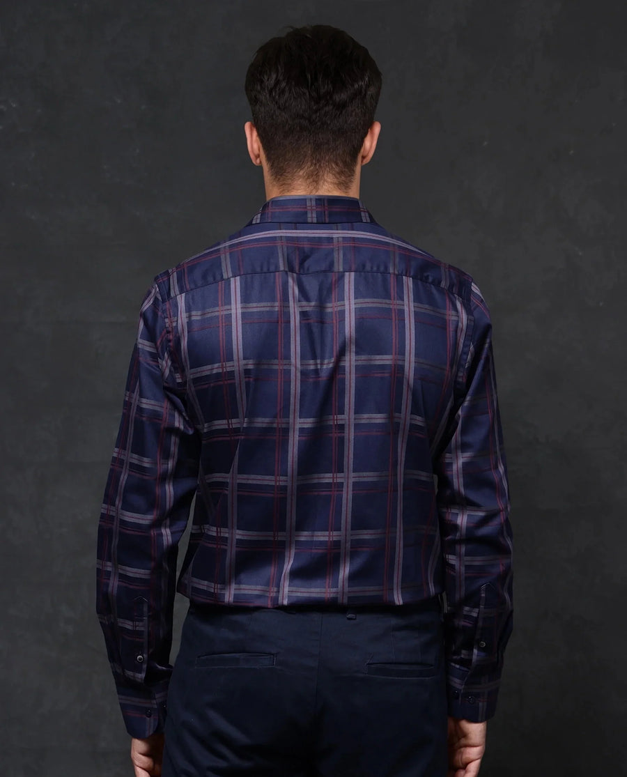 Rare Rabbit Men's Cott Navy Cotton Checked Print Regular Fit Full Sleeve Collared Shirt