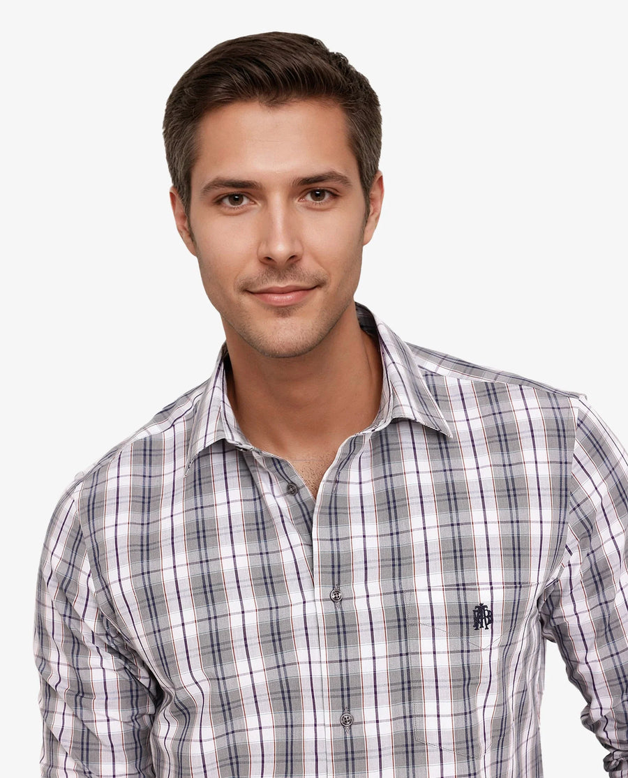 Rare Rabbit Men's Cottbus Grey Cotton Checked Print Regular Fit Full Sleeve Collared Shirt