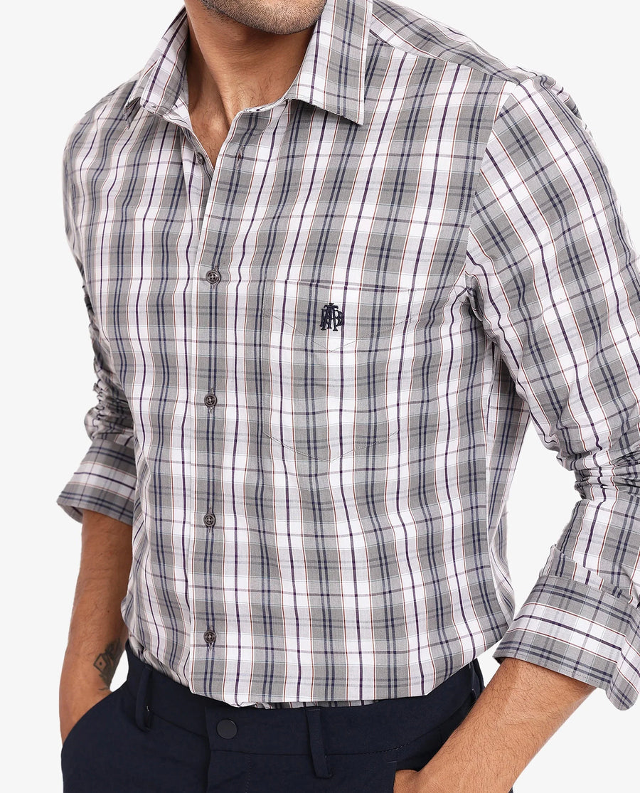 Rare Rabbit Men's Cottbus Grey Cotton Checked Print Regular Fit Full Sleeve Collared Shirt