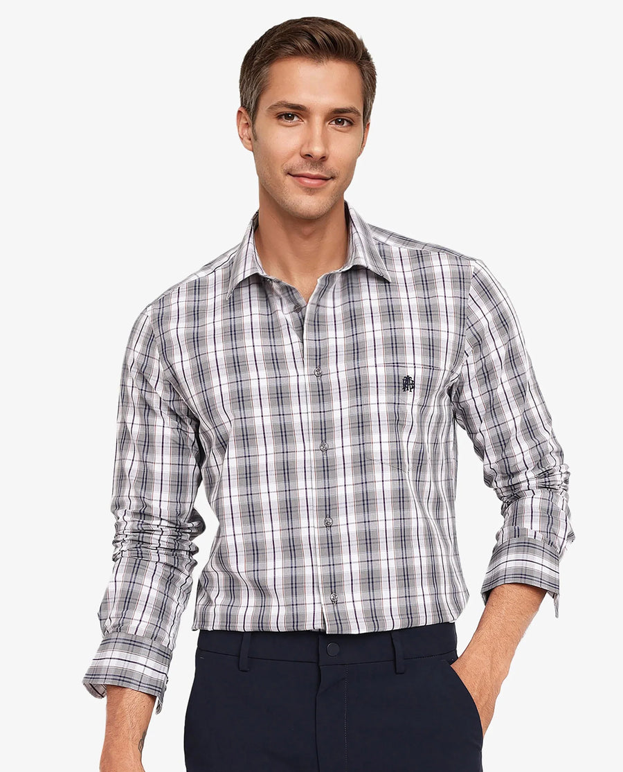 Rare Rabbit Men's Cottbus Grey Cotton Checked Print Regular Fit Full Sleeve Collared Shirt