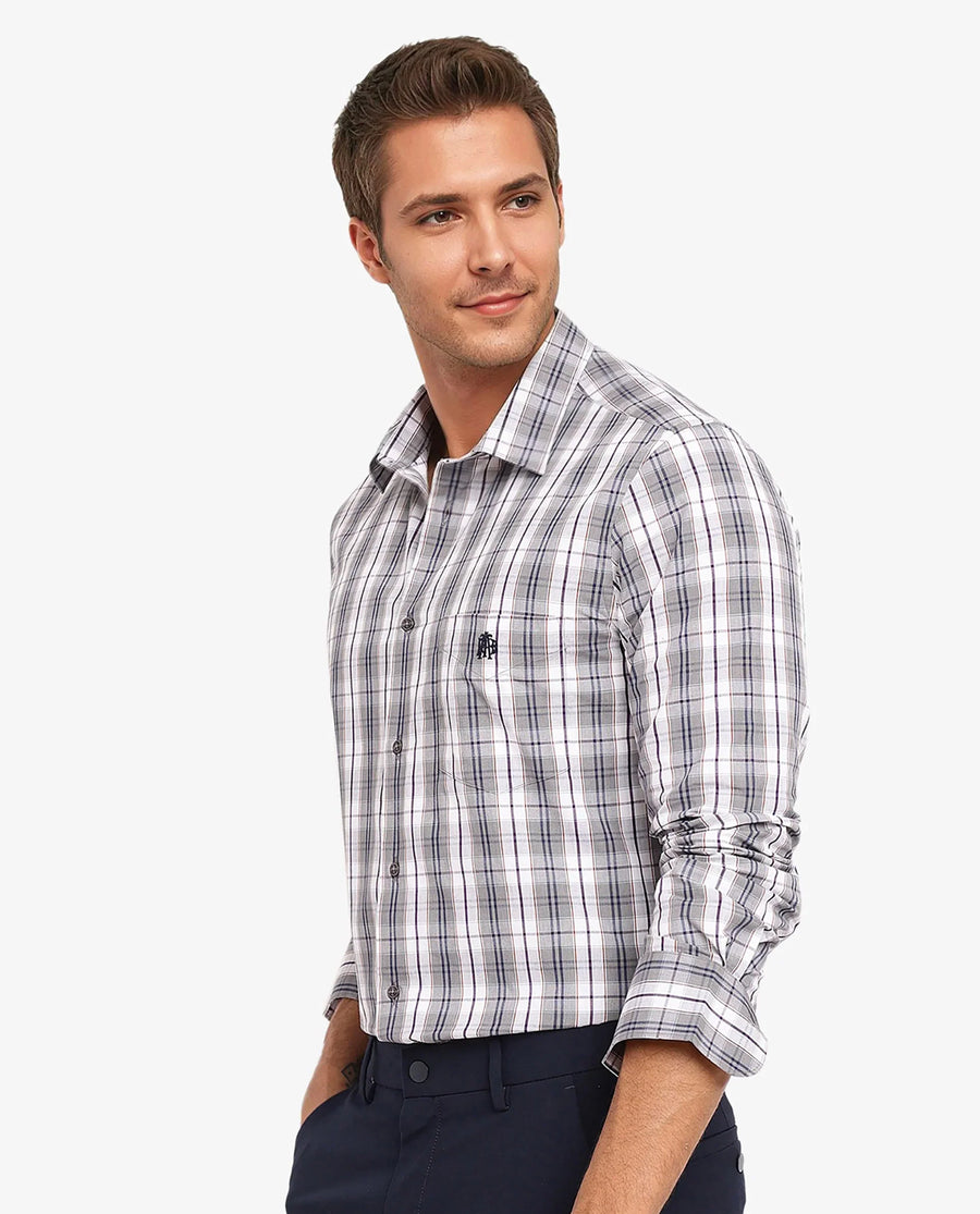 Rare Rabbit Men's Cottbus Grey Cotton Checked Print Regular Fit Full Sleeve Collared Shirt