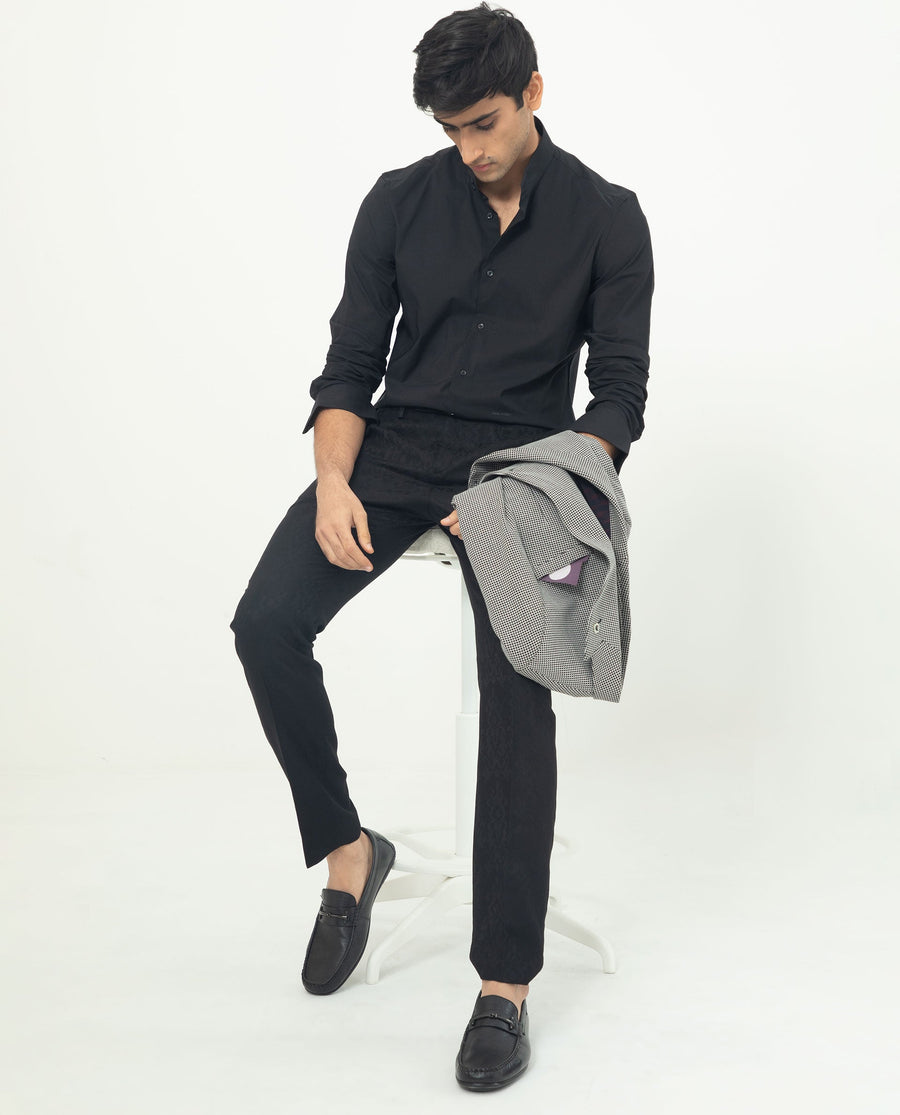 Rare Rabbit Men's Coxx Black Cotton Plain Regular Fit Full Sleeve Mandarin Collar Shirt