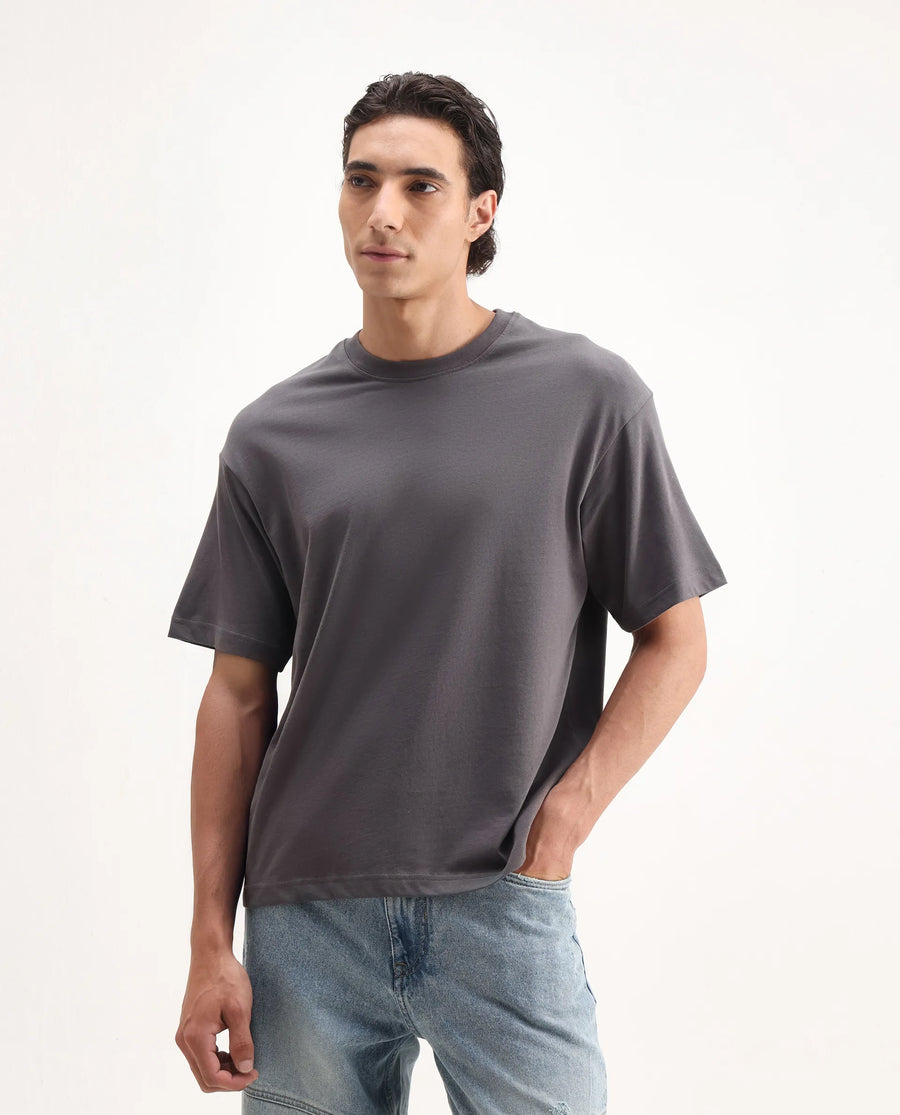 Rare Rabbit Men's Craft Dark Grey Cotton Blend Embroidered Oversized Fit Half Sleeve Crew Neck T-Shirt