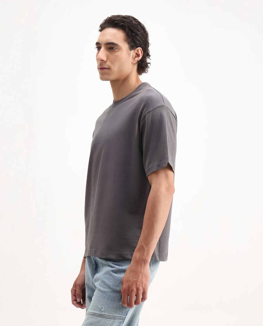 Rare Rabbit Men's Craft Dark Grey Cotton Blend Embroidered Oversized Fit Half Sleeve Crew Neck T-Shirt