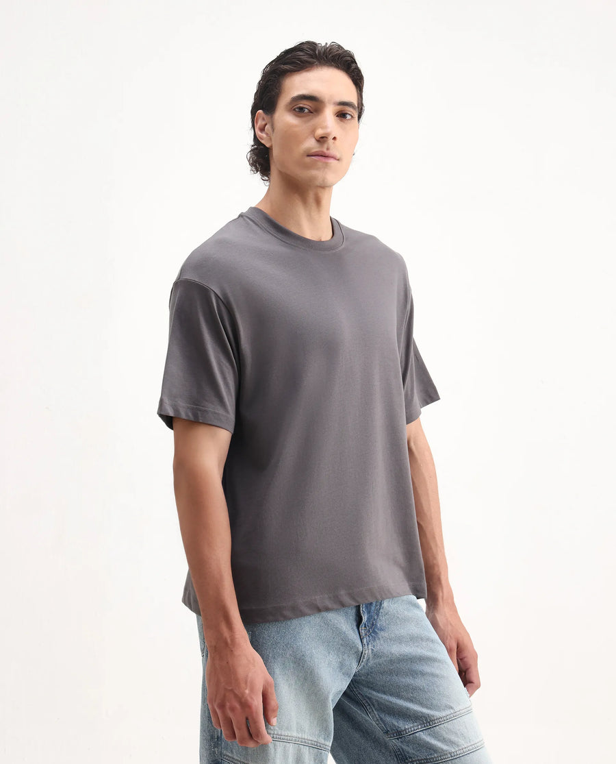 Rare Rabbit Men's Craft Dark Grey Cotton Blend Embroidered Oversized Fit Half Sleeve Crew Neck T-Shirt