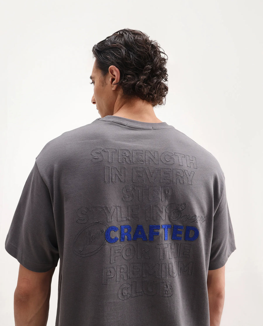 Rare Rabbit Men's Craft Dark Grey Cotton Blend Embroidered Oversized Fit Half Sleeve Crew Neck T-Shirt