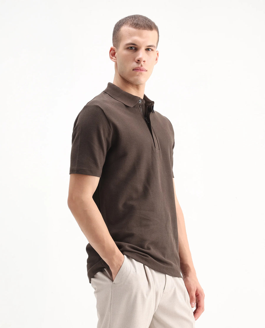 Rare Rabbit Men's Crin Brown Cotton Plain Regular Fit Half Sleeve Polo