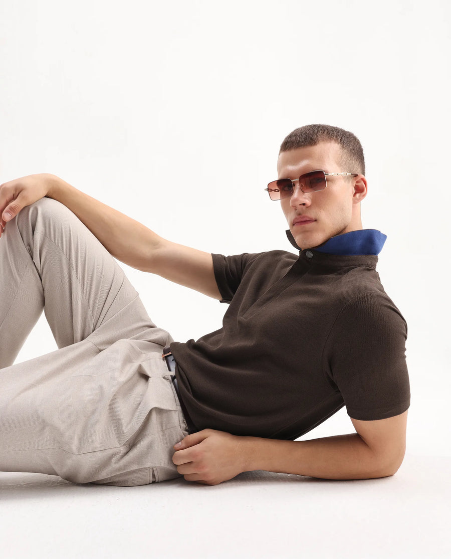 Rare Rabbit Men's Crin Brown Cotton Plain Regular Fit Half Sleeve Polo
