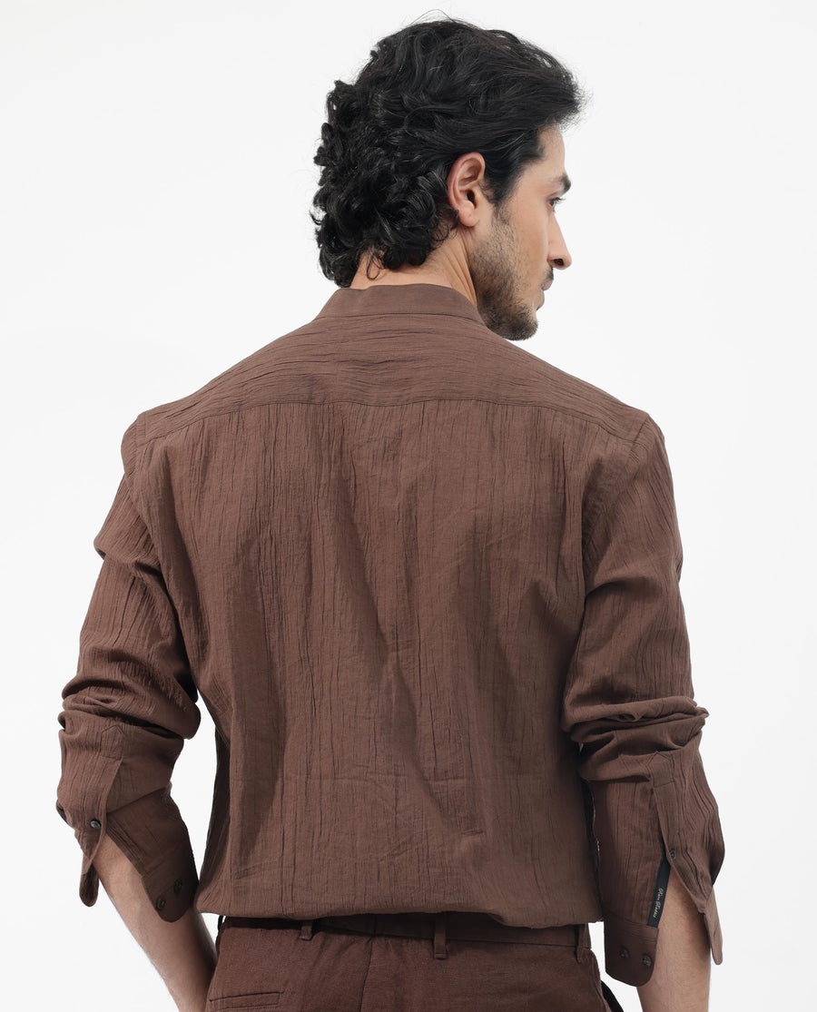 Rare Rabbit Men's Crinkle Ls Brown Cotton Plain Regular Fit Full Sleeve Mandarin Collar Shirt