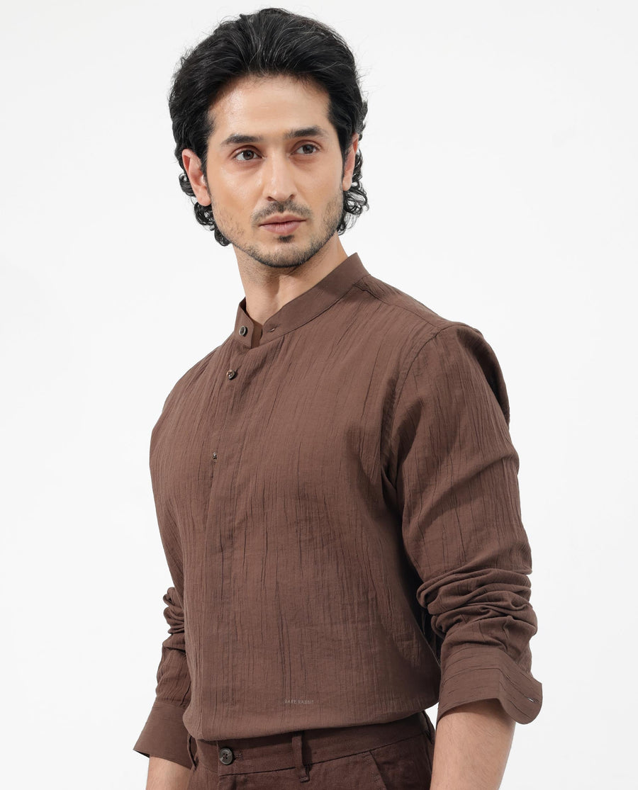 Rare Rabbit Men's Crinkle Ls Brown Cotton Plain Regular Fit Full Sleeve Mandarin Collar Shirt