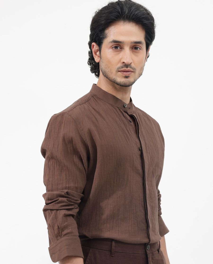 Rare Rabbit Men's Crinkle Ls Brown Cotton Plain Regular Fit Full Sleeve Mandarin Collar Shirt