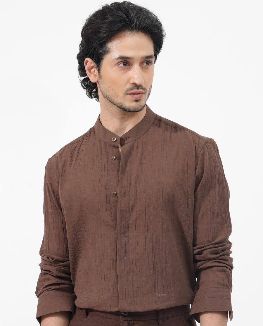 Rare Rabbit Men's Crinkle Ls Brown Cotton Plain Regular Fit Full Sleeve Mandarin Collar Shirt
