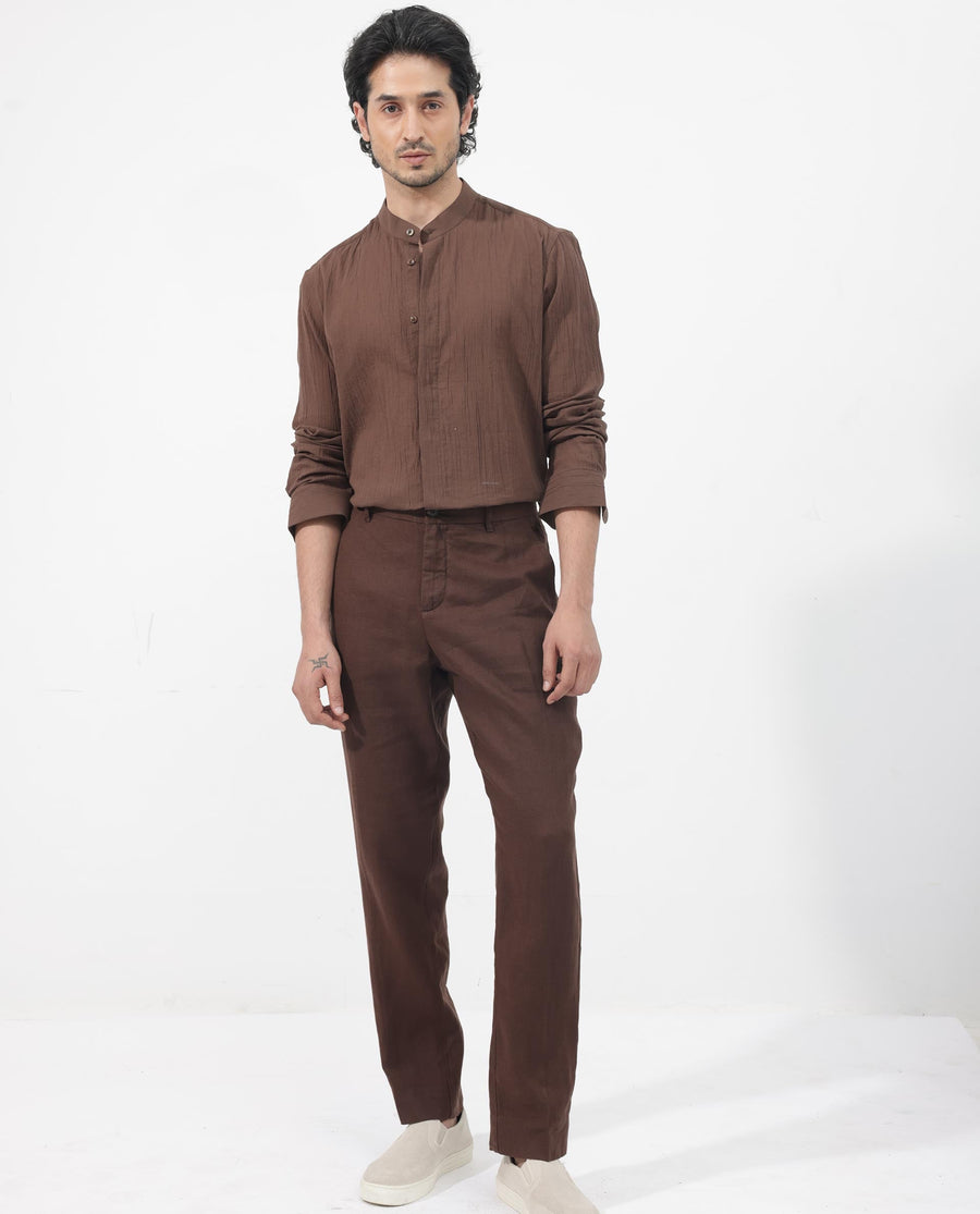 Rare Rabbit Men's Crinkle Ls Brown Cotton Plain Regular Fit Full Sleeve Mandarin Collar Shirt