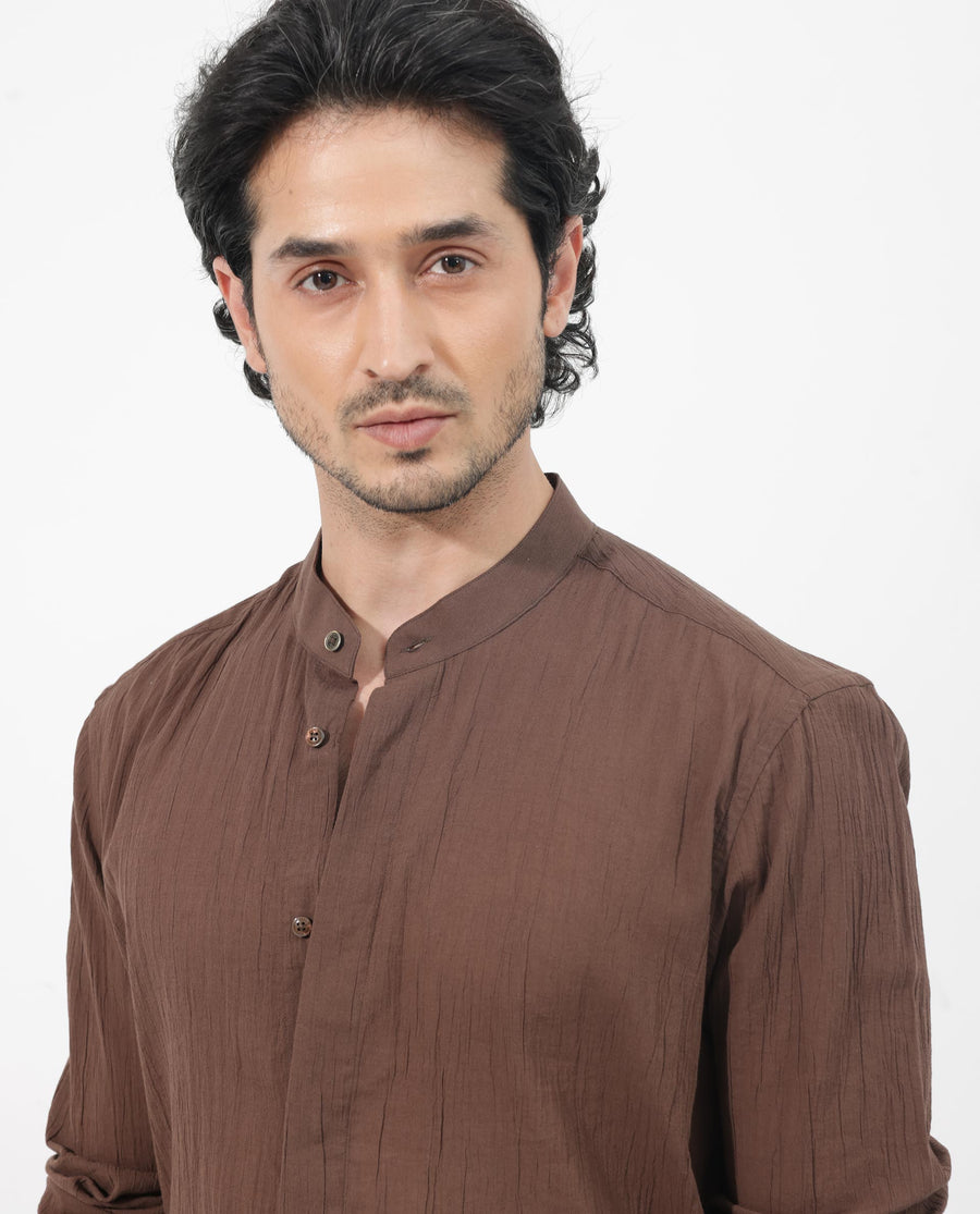 Rare Rabbit Men's Crinkle Ls Brown Cotton Plain Regular Fit Full Sleeve Mandarin Collar Shirt