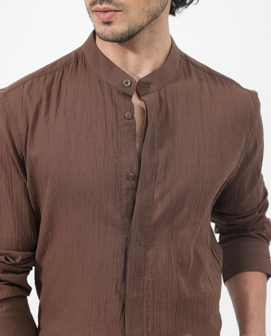 Rare Rabbit Men's Crinkle Ls Brown Cotton Plain Regular Fit Full Sleeve Mandarin Collar Shirt
