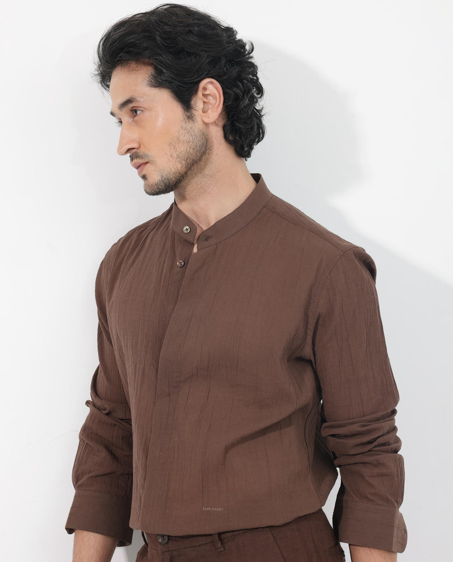 Rare Rabbit Men's Crinkle Ls Brown Cotton Plain Regular Fit Full Sleeve Mandarin Collar Shirt