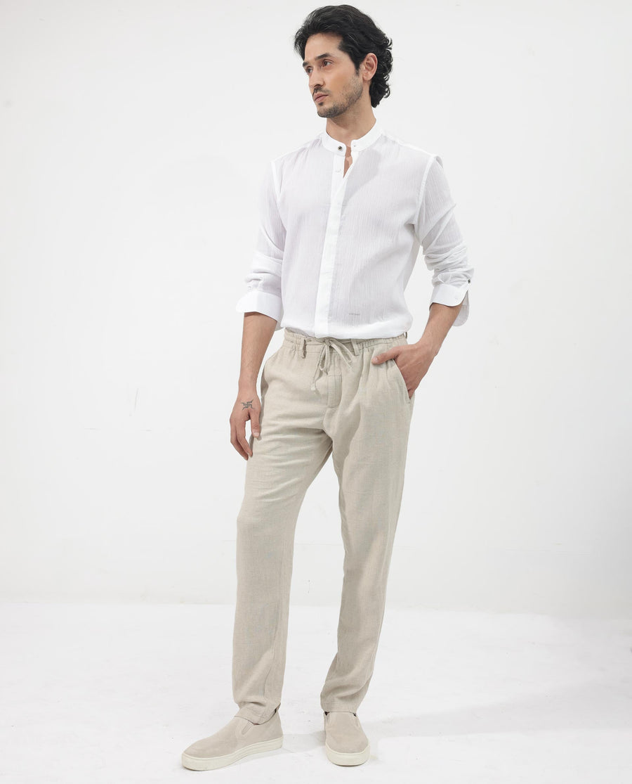 Rare Rabbit Men's Crinkle Ls White Cotton Plain Regular Fit Full Sleeve Mandarin Collar Shirt