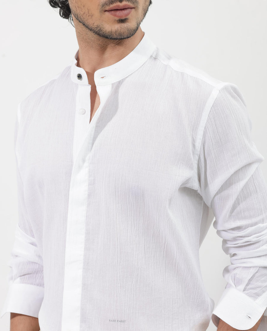 Rare Rabbit Men's Crinkle Ls White Cotton Plain Regular Fit Full Sleeve Mandarin Collar Shirt