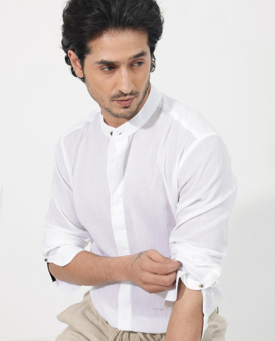 Rare Rabbit Men's Crinkle Ls White Cotton Plain Regular Fit Full Sleeve Mandarin Collar Shirt