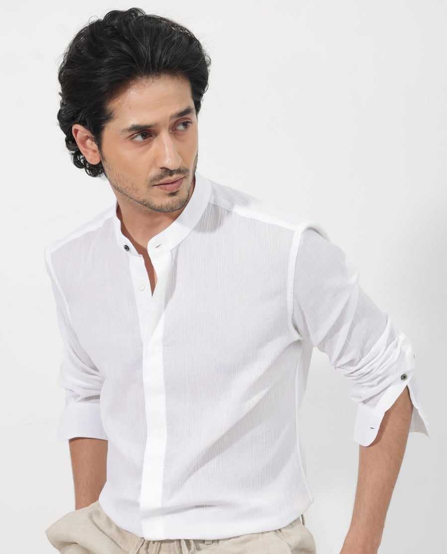 Rare Rabbit Men's Crinkle Ls White Cotton Plain Regular Fit Full Sleeve Mandarin Collar Shirt