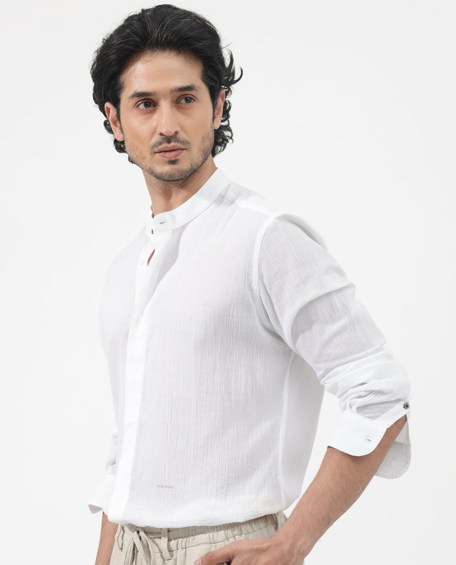 Rare Rabbit Men's Crinkle Ls White Cotton Plain Regular Fit Full Sleeve Mandarin Collar Shirt