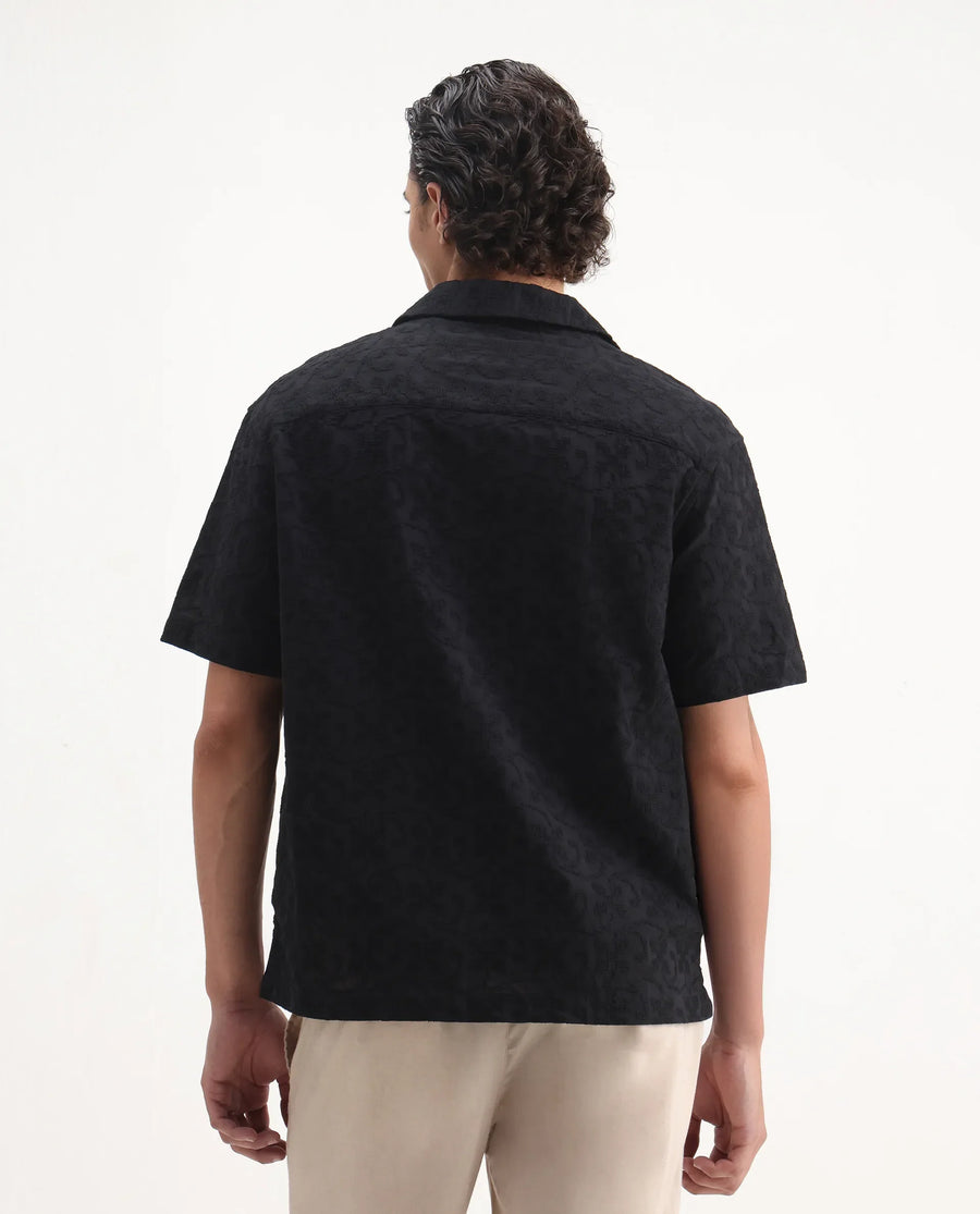 Rare Rabbit Men's Crof Black Cotton Embroidered Boxy Fit Half Sleeve Collared Shirt