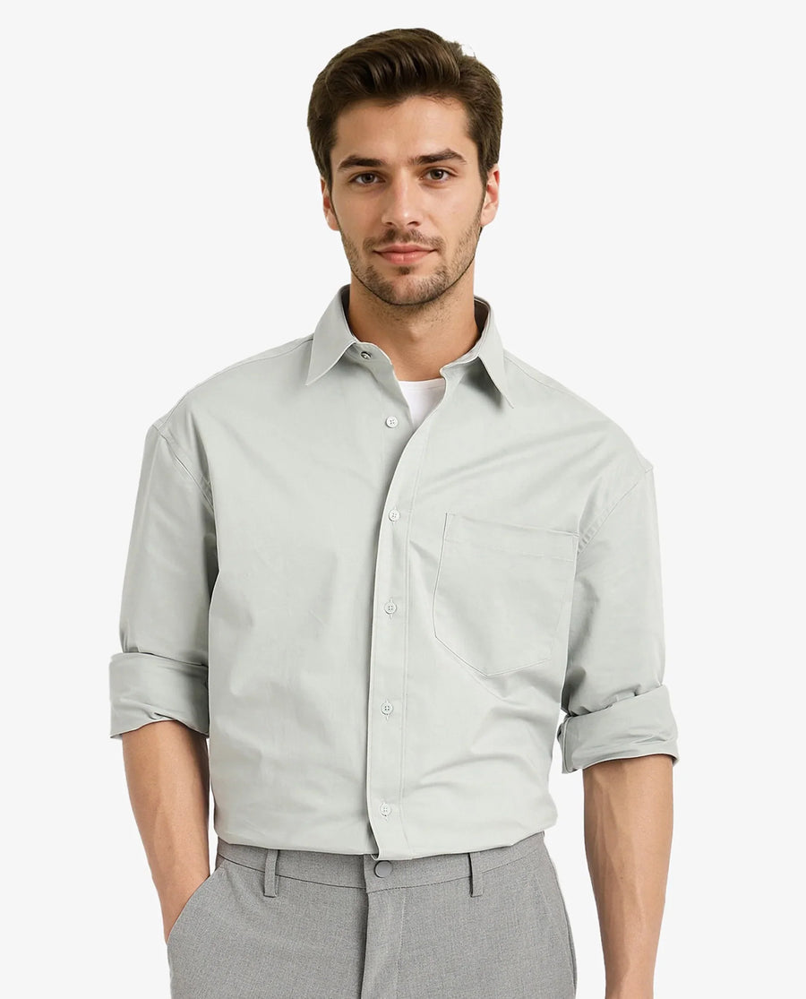 Rare Rabbit Men's Crofty Dusky Green Cotton Plain Boxy Fit Full Sleeve Collared Shirt