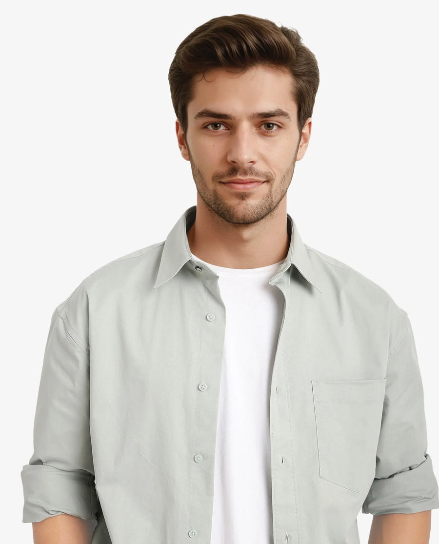 Rare Rabbit Men's Crofty Dusky Green Cotton Plain Boxy Fit Full Sleeve Collared Shirt