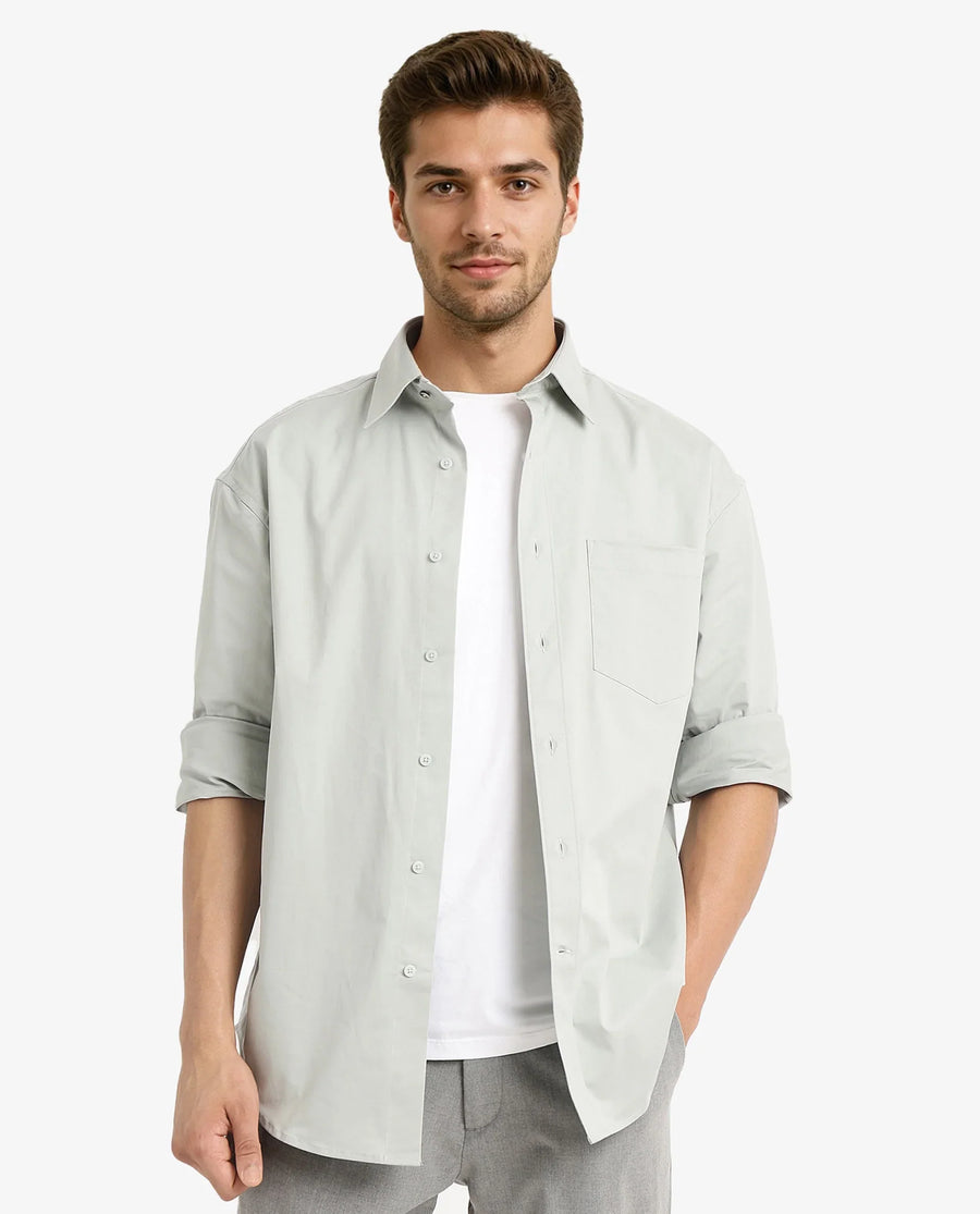 Rare Rabbit Men's Crofty Dusky Green Cotton Plain Boxy Fit Full Sleeve Collared Shirt