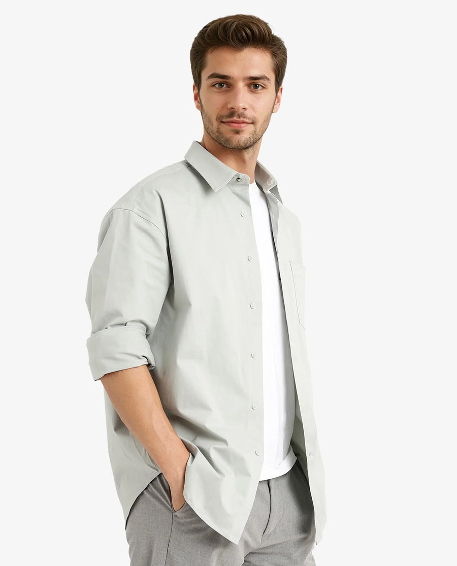Rare Rabbit Men's Crofty Dusky Green Cotton Plain Boxy Fit Full Sleeve Collared Shirt