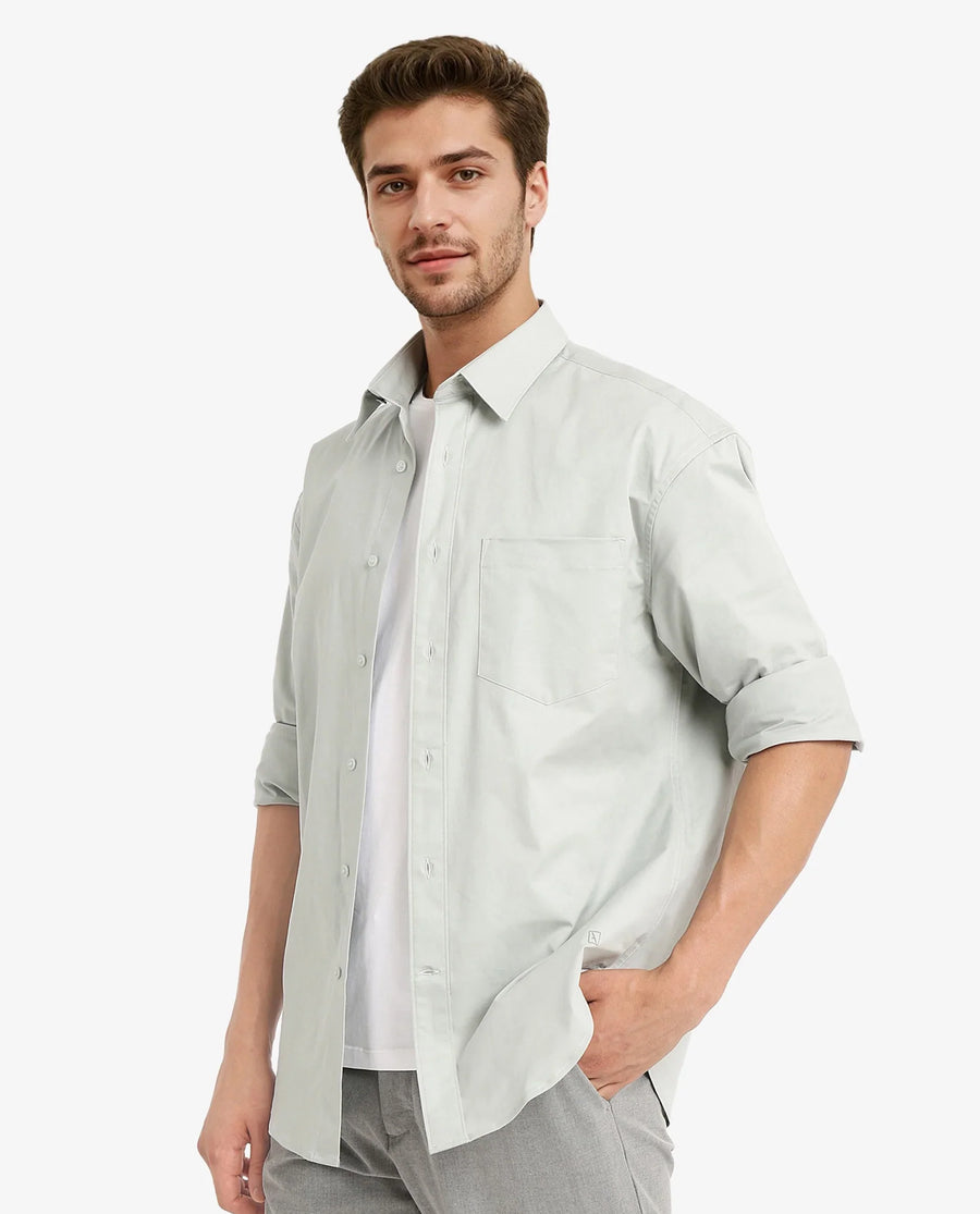 Rare Rabbit Men's Crofty Dusky Green Cotton Plain Boxy Fit Full Sleeve Collared Shirt