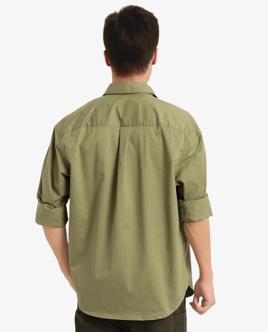 Rare Rabbit Men's Crofty Olive Cotton Plain Boxy Fit Full Sleeve Collared Shirt