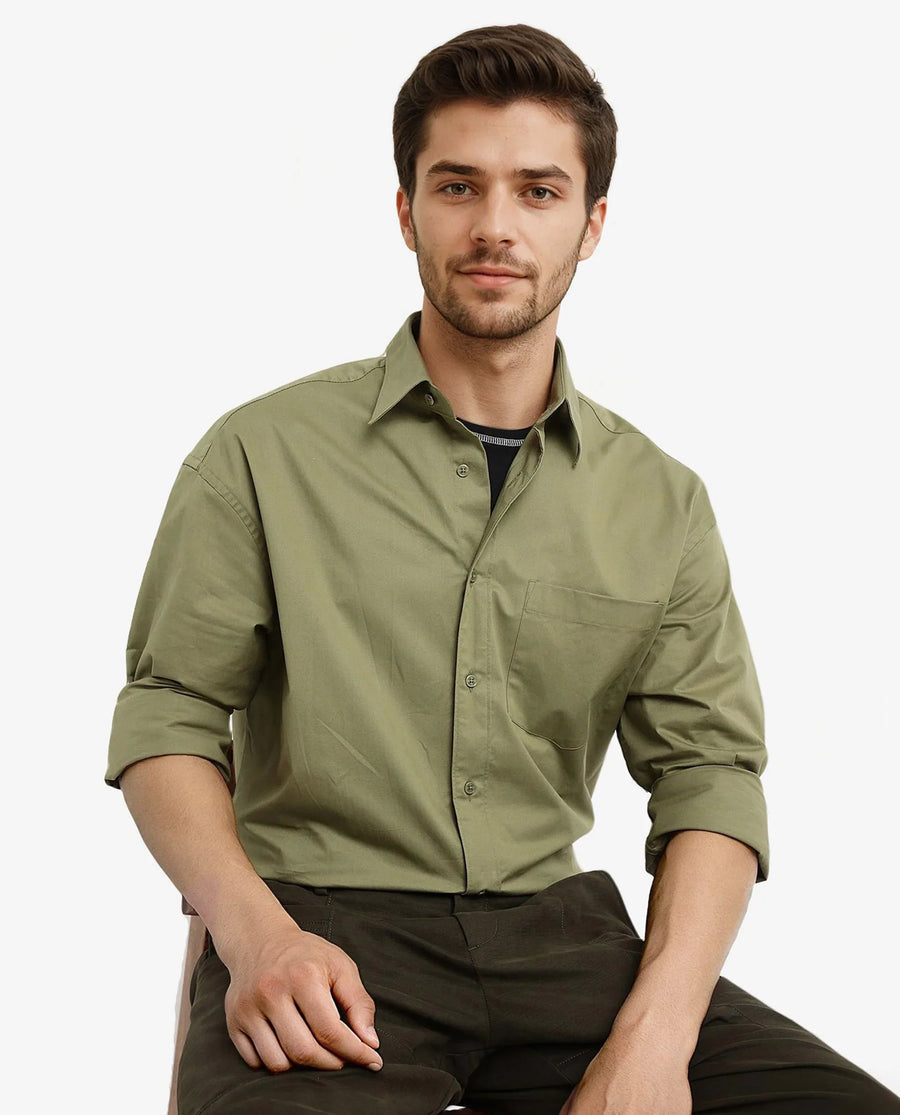 Rare Rabbit Men's Crofty Olive Cotton Plain Boxy Fit Full Sleeve Collared Shirt