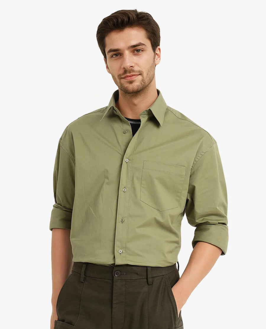 Rare Rabbit Men's Crofty Olive Cotton Plain Boxy Fit Full Sleeve Collared Shirt