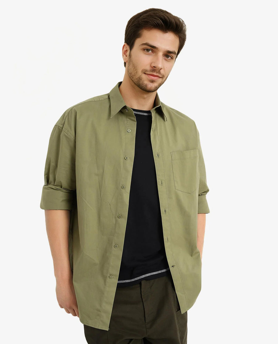 Rare Rabbit Men's Crofty Olive Cotton Plain Boxy Fit Full Sleeve Collared Shirt